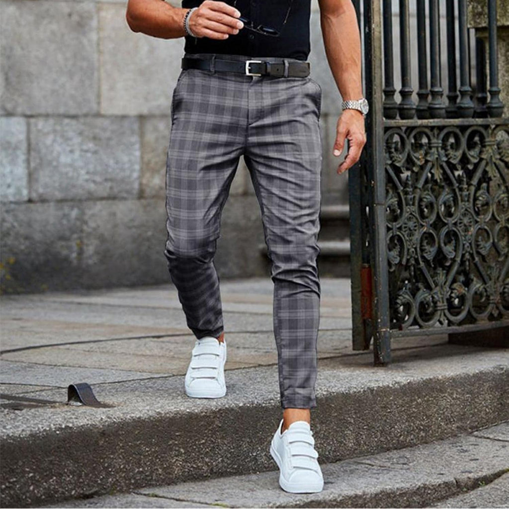 Men'S Elastic Pants Casual Plaid Work Bussiness Office Regular Fit Straight Trouser with Pockets Gray