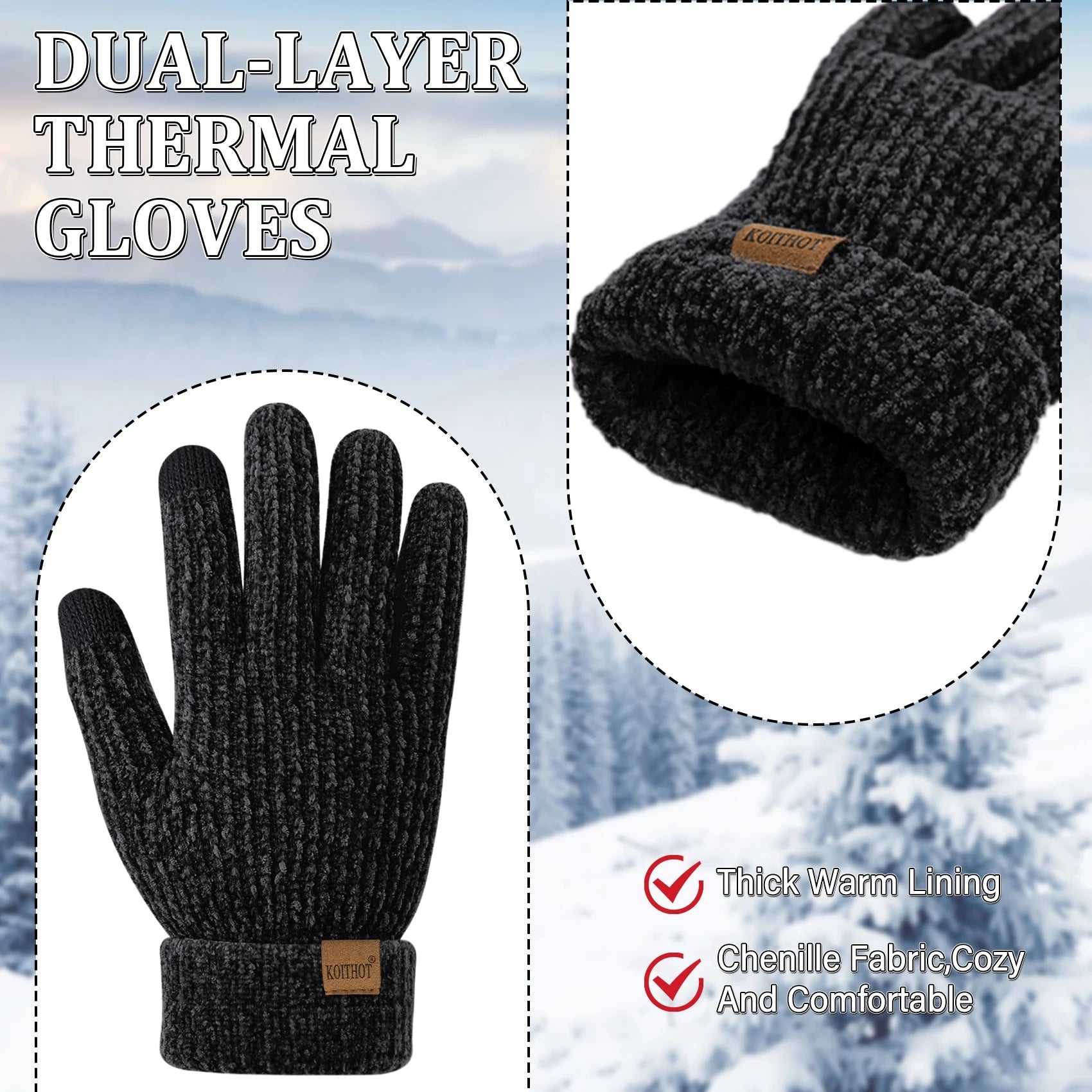 2 Pairs Winter Gloves for Women Chenille, Winter Warm Thick Lined Touchscreen Fingers Weather Gloves