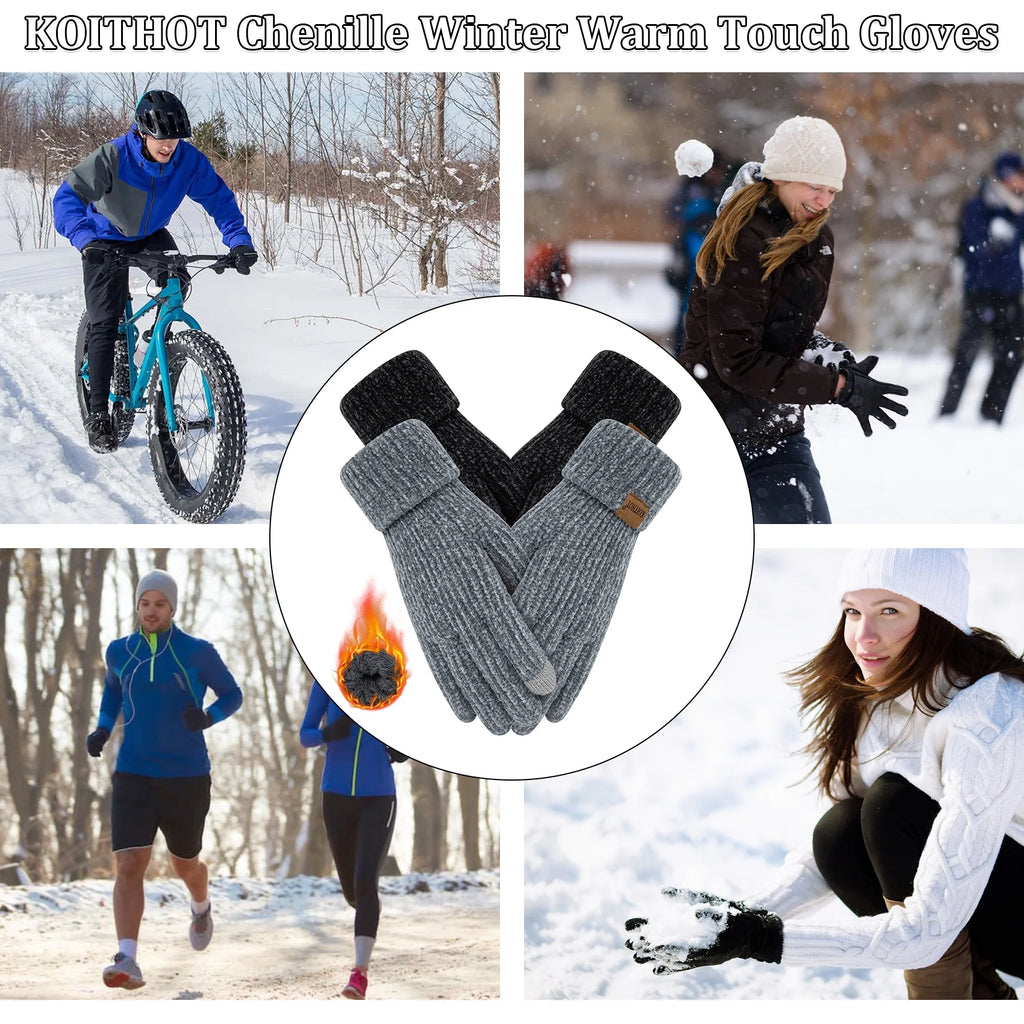 2 Pairs Winter Gloves for Women Chenille, Winter Warm Thick Lined Touchscreen Fingers Weather Gloves