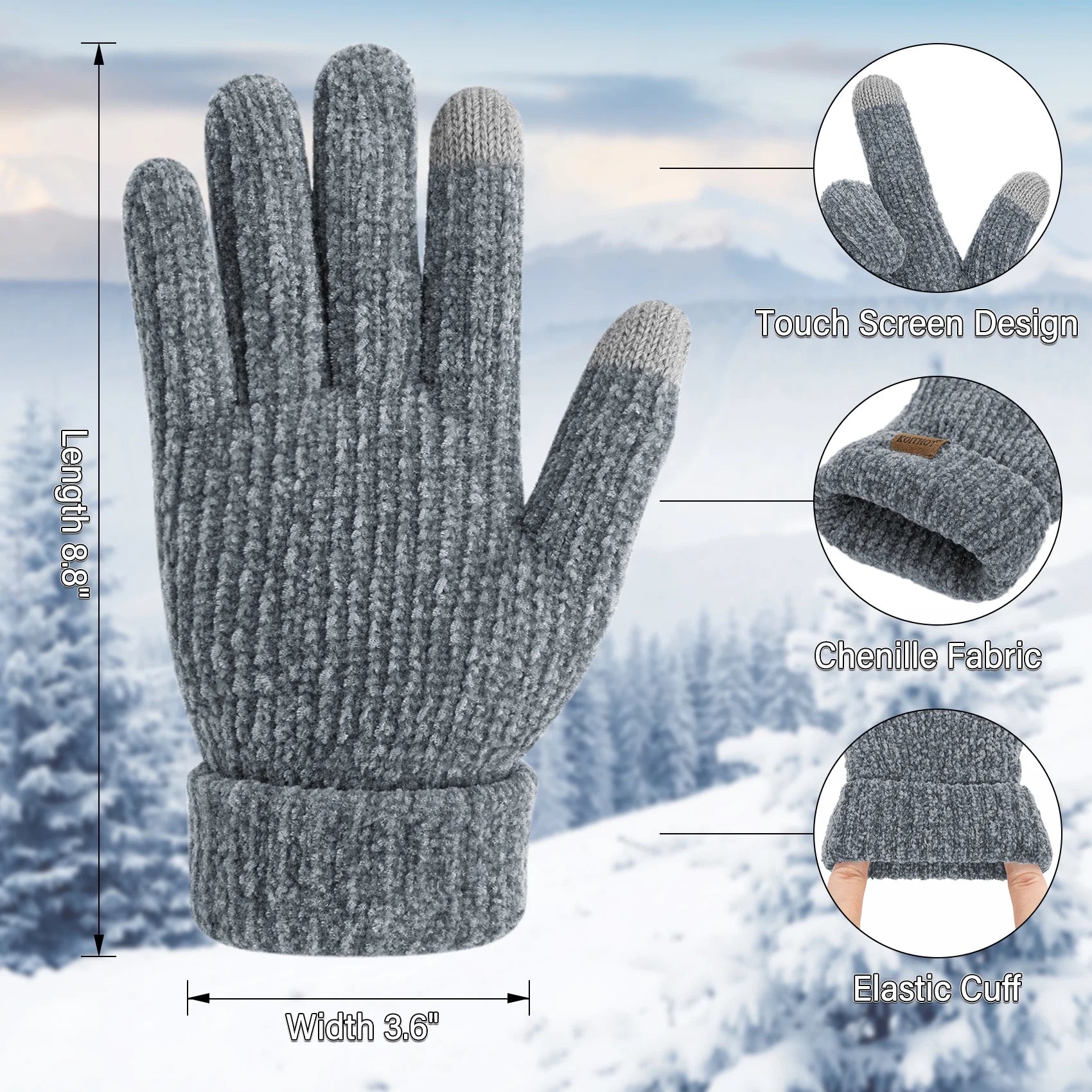 2 Pairs Winter Gloves for Women Chenille, Winter Warm Thick Lined Touchscreen Fingers Weather Gloves