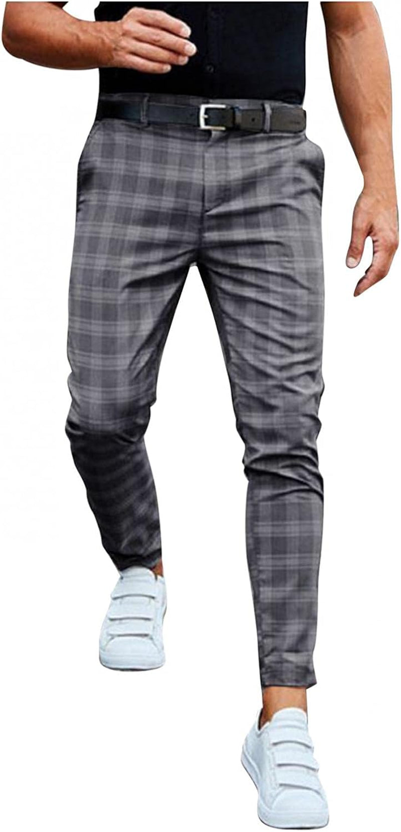 Men'S Elastic Pants Casual Plaid Work Bussiness Office Regular Fit Straight Trouser with Pockets Gray