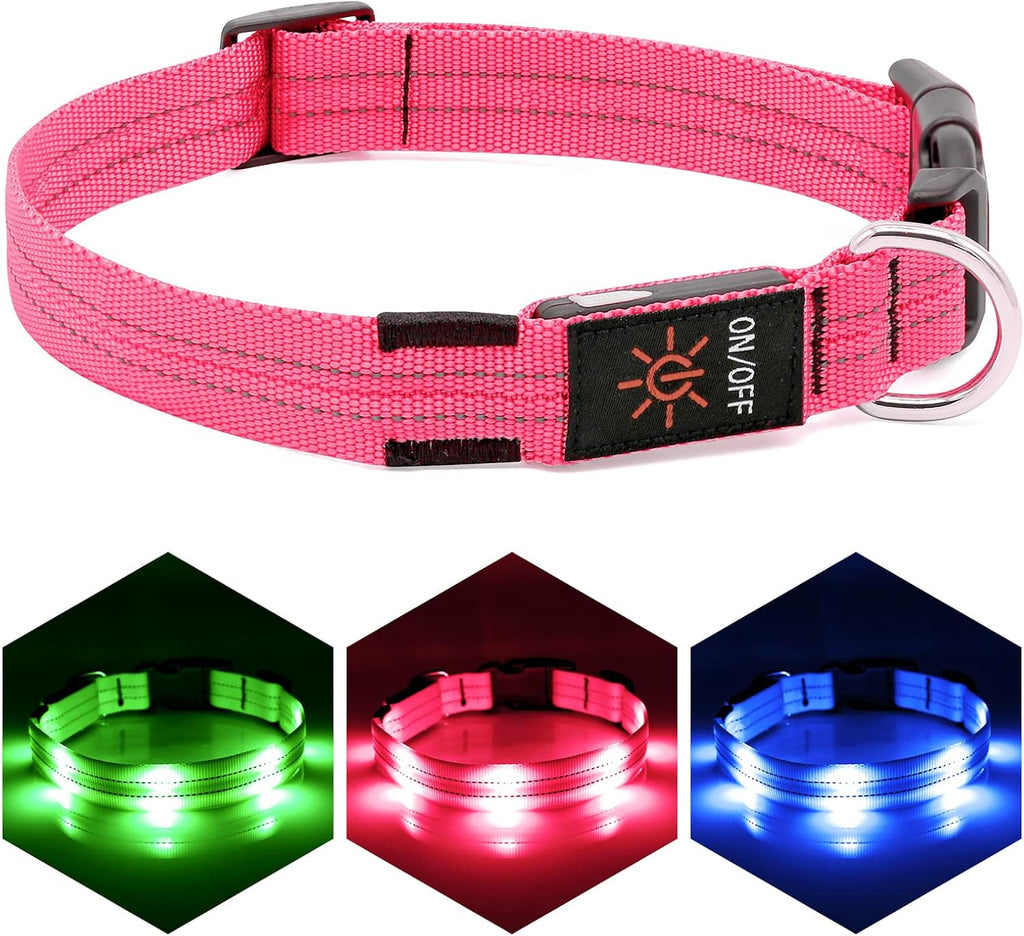 Led Dog Collar, Rechargeable Light up Collar, Waterproof Flashing Light Basic Dog Collars, Super Bright Night Safety (Pink, S)