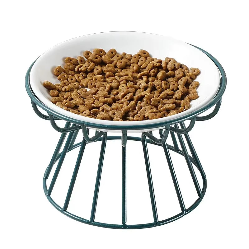 Ceramic Pet Bowl Cat Food Feeding Double Dish Stainless Steel Raised Stand Kitten Dog Water Feeder Durable Pet Accessories