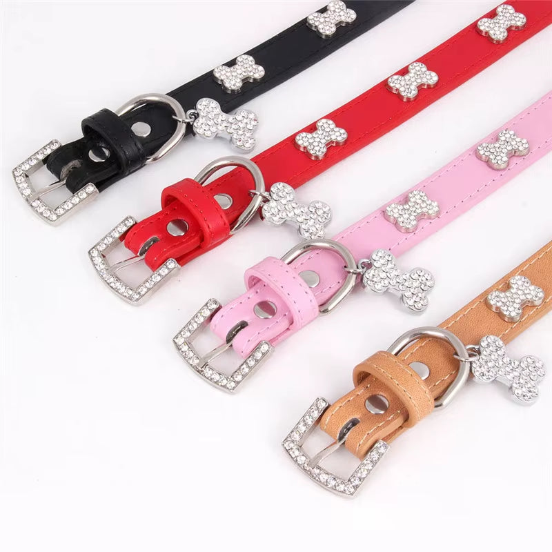 Cats Dogs Collar Leather Adjustable Decoration Bling Dog Bone Pendant Necklace Pet Collar with Rhinestones Pet Accessories Stuff