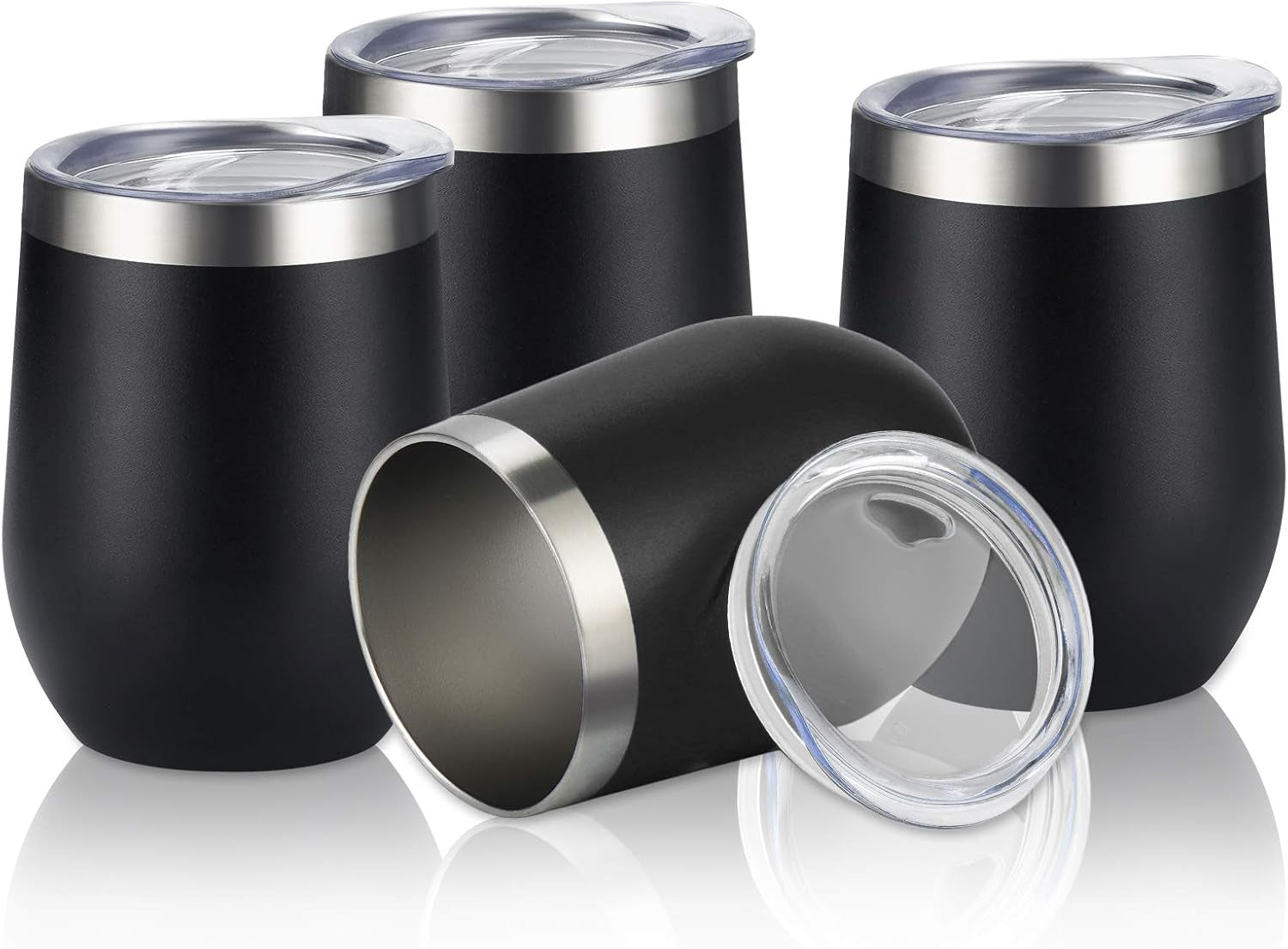 4 Pack 12Oz Stainless Steel Stemless Wine Glasses, Insulated Wine Tumbler, Stainless Steel Wine Tumbler Cups with Lids and Straws for Coffee, Cocktails, Wine, Champaign, Black…