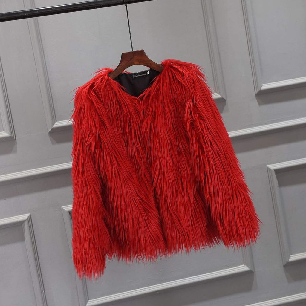 Girl Faux Fur Long Sleeve V Neck Jacket Coat Warm Outerwear Children Thick Outwear 2-10Years (Red, 3-4 Years)