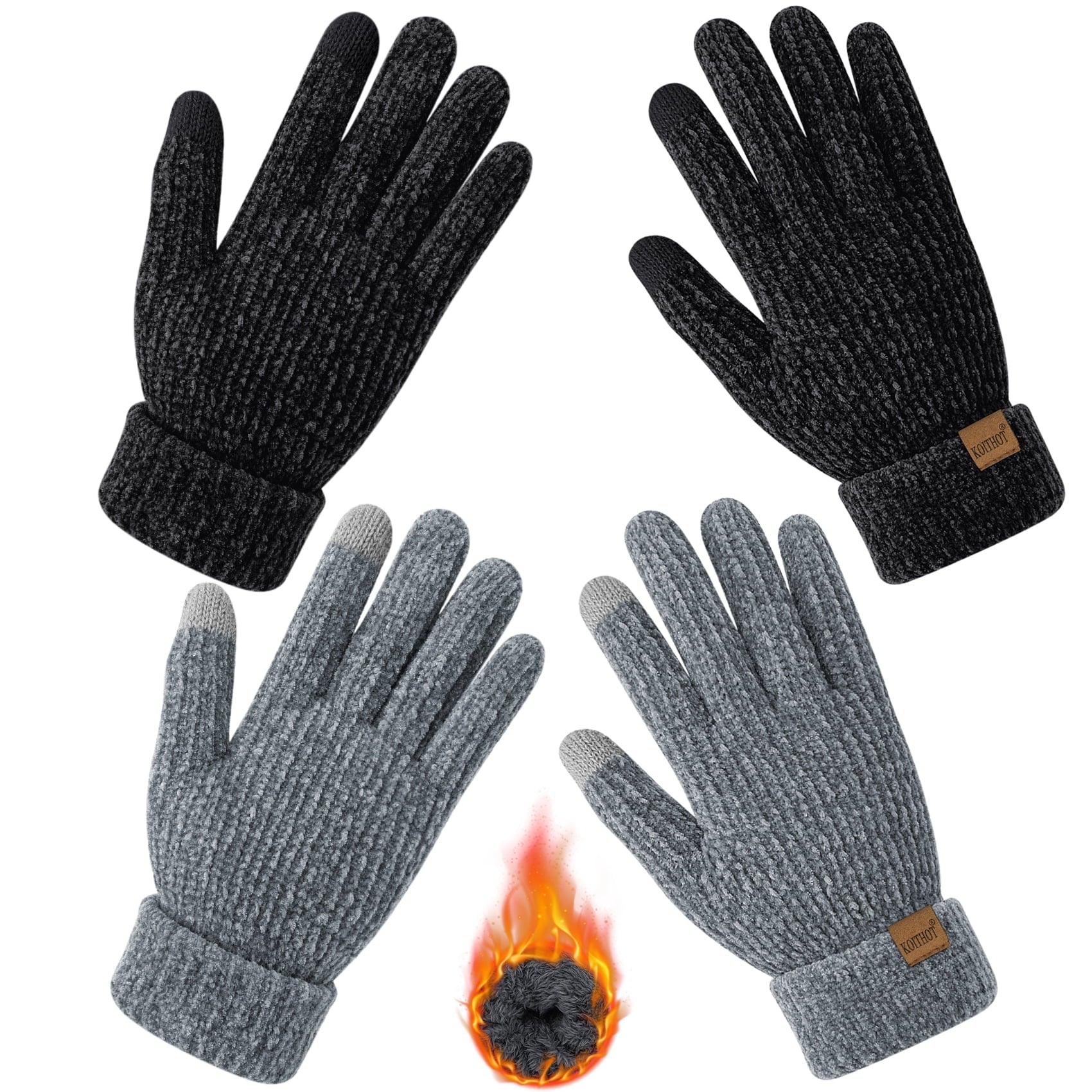 2 Pairs Winter Gloves for Women Chenille, Winter Warm Thick Lined Touchscreen Fingers Weather Gloves