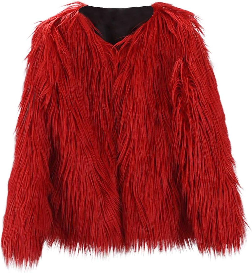 Girl Faux Fur Long Sleeve V Neck Jacket Coat Warm Outerwear Children Thick Outwear 2-10Years (Red, 3-4 Years)