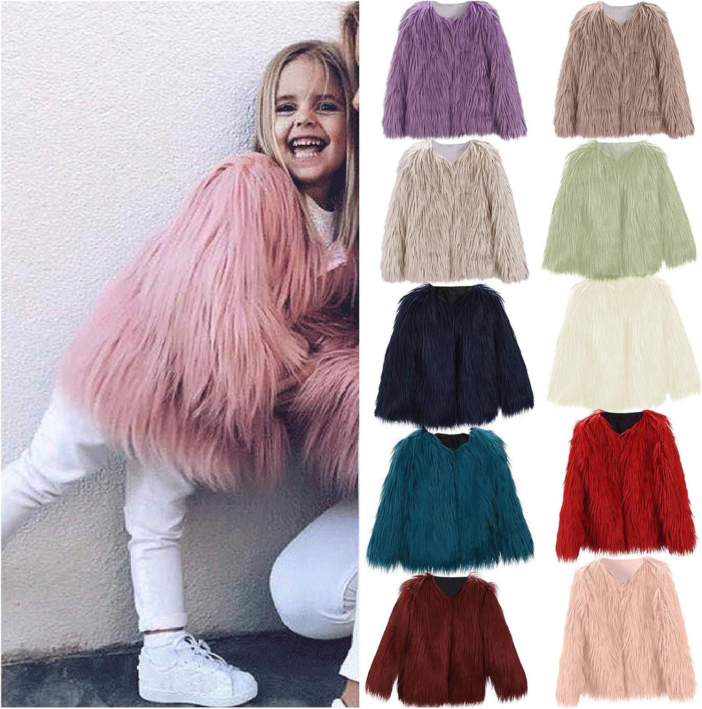 Girl Faux Fur Long Sleeve V Neck Jacket Coat Warm Outerwear Children Thick Outwear 2-10Years (Red, 3-4 Years)