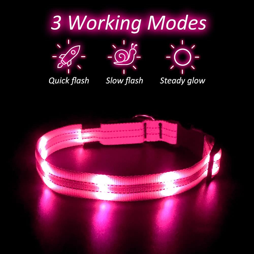Led Dog Collar, Rechargeable Light up Collar, Waterproof Flashing Light Basic Dog Collars, Super Bright Night Safety (Pink, S)