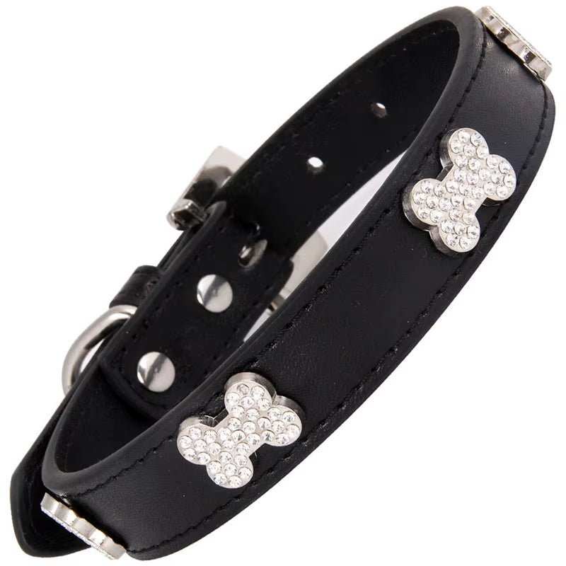 Cats Dogs Collar Leather Adjustable Decoration Bling Dog Bone Pendant Necklace Pet Collar with Rhinestones Pet Accessories Stuff