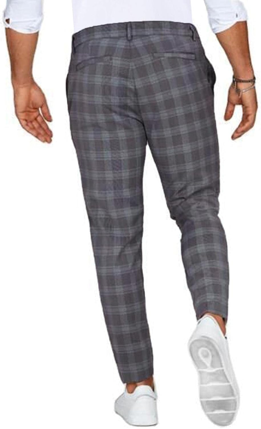 Men'S Elastic Pants Casual Plaid Work Bussiness Office Regular Fit Straight Trouser with Pockets Gray