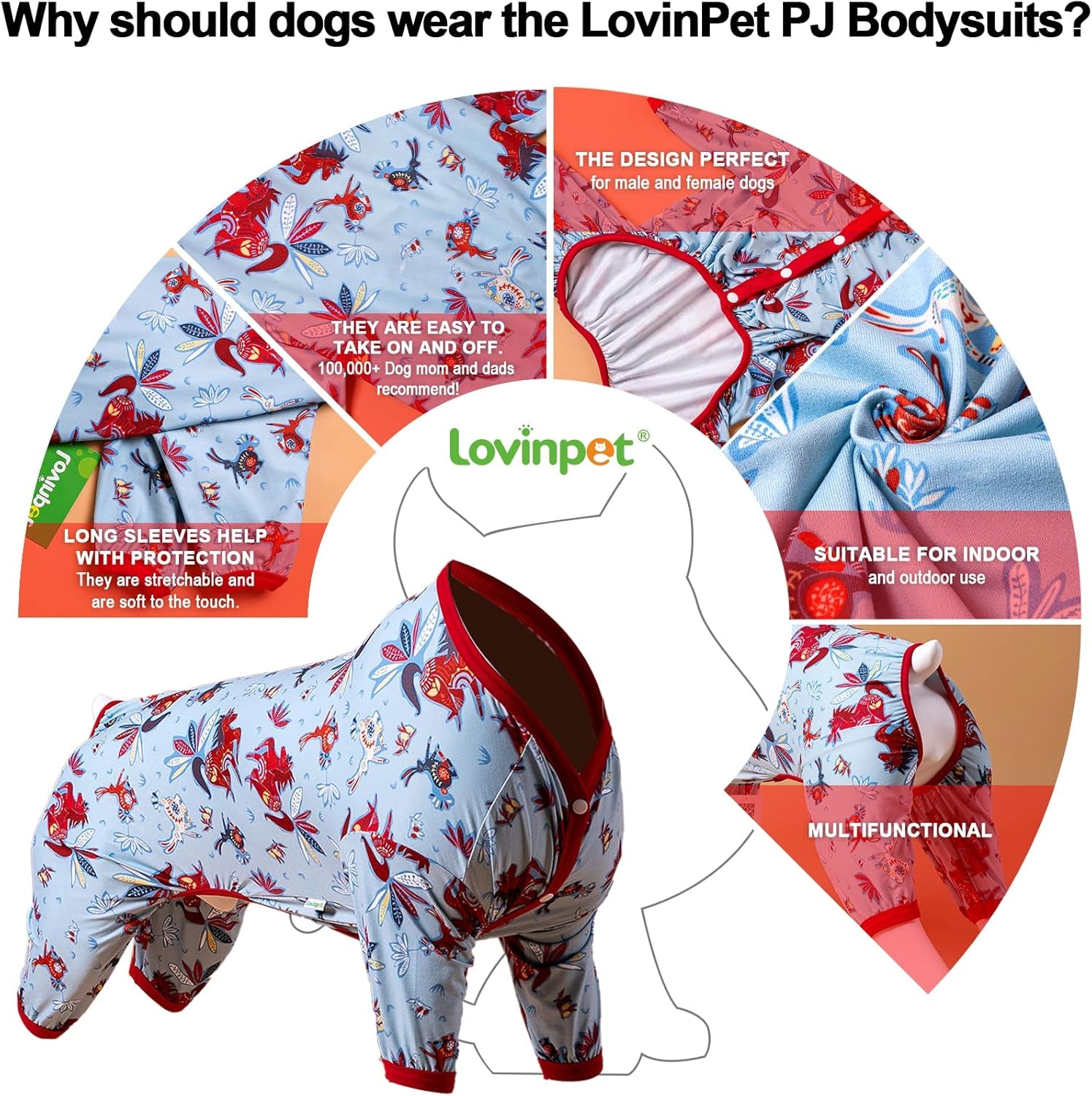 Giant Big Dog Pajamas, Rabbit and Wild Horse Print, Clothes for Dogs, Lightweight Stretchy Pullover Dog Jammies, Full Coverage Large Breed Dog Onesie, Pet Pj'S, M